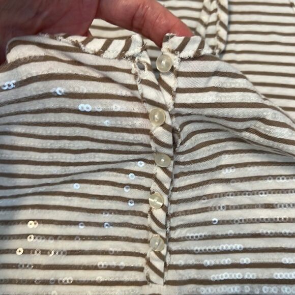 Old Navy szS tan/white stripped tank w/sequins on front raw edges on trim EUC - Picture 4 of 8